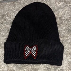 Handmade Black Beanie with Red and White Bow Patch